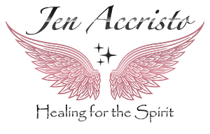 Logo with the name Jen Accristo in cursive above pink angel wings and sparkles, with the tagline Healing for the Spirit below in a stylized font.